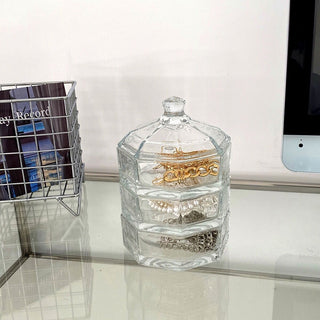 Clear glass lidded three-tier storage tray for small items