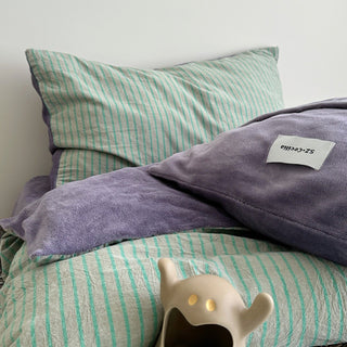 Green Purple Pin Stripe Cotton Fleece Winter Duvet Cover Set