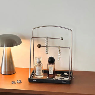 Stainless steel accessory stand with wood-grain tray for storage small item holder perfume storage.