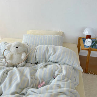 Light Blue Stripe Milk Velvet Winter Duvet Cover Set
