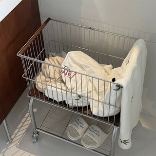 Silver Wood Laundry Basket Cart Wagon Storage