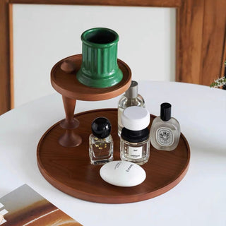Natural Wood Movable Two-Tier Round Tray Storage