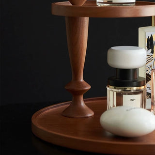 Natural Wood Movable Two-Tier Round Tray Storage