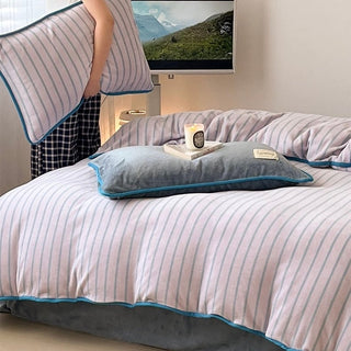Blue Stripe Piping Thick Milk Fleece Winter Duvet Cover Set