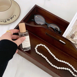 Handled Wooden Rectangular Storage Tray for Cosmetics and Perfumes