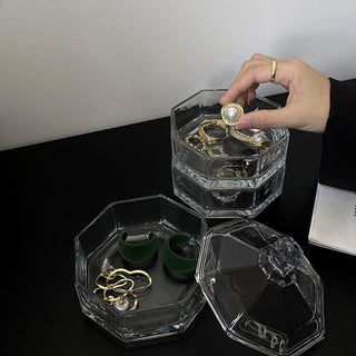 Clear glass lidded three-tier storage tray for small items