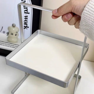 Handle-equipped silver frame square two-tier storage rack