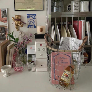 Tall iron basket with handles storage basket