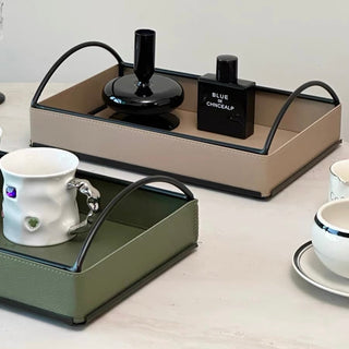 Iron Handle Leather Rectangular Tray  Storage