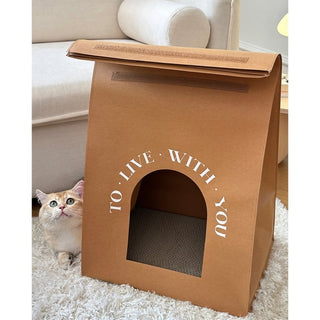 Paper bag style cat housein . Cat house scratching post foldable.