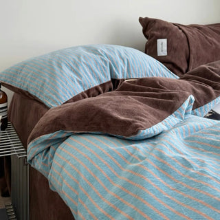 Blue Brown Pin Stripe Cotton Fleece Winter Duvet Cover Set