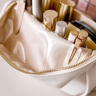 Square-shaped makeup and cosmetic storage pouch self-standing medium size white
