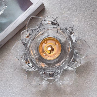 Lotus flower motif clear glass candle holder stand