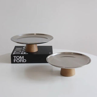 Wood Legged Silver Metallic Tray Stand