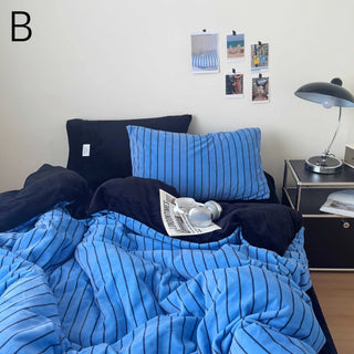 Dark Color Pinstripe Milk Velvet Winter Duvet Cover Set