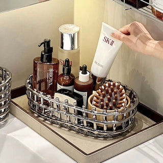 Silver Woven Oval Ceramic Basket for Small Item Storage