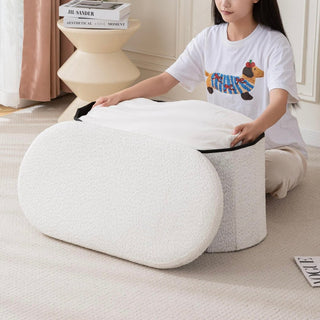 Folding Oval Boucle Storage Stool  Ottoman Bench Stool Storage Storage Box