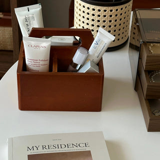 Handle-equipped wooden divider storage mini box for cosmetics