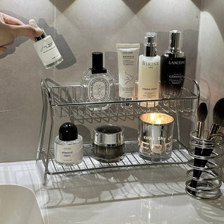 Stainless steel silver two-tier cosmetic storage multi-rack bathroom vanity perfume storage
