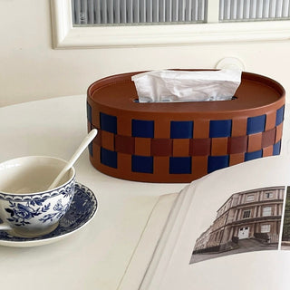 Oval-shaped woven faux leather tissue case