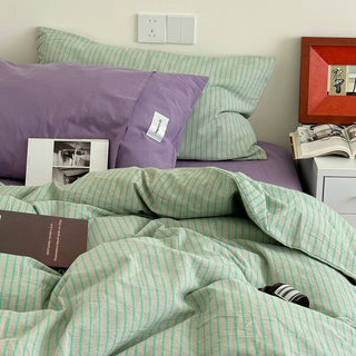 Green Purple Pin Stripe Cotton Duvet Cover Set 2 Sizes  All Seasons