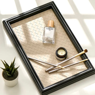 Intrecciato Rectangular Wood Frame Leather Tray