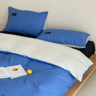 Blue Double-Sided Stripe Cotton Duvet Cover Set   Bed Cover  All Seasons