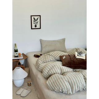Beige Brown Double Stripe Milk Velvet Winter Duvet Cover Set