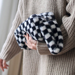 Checkerboard pattern faux fur pouch cosmetic storage bag