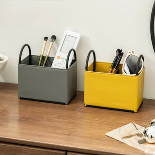 Handled Leather Brush Stand Remote Control Storage Box  Small Item Holder