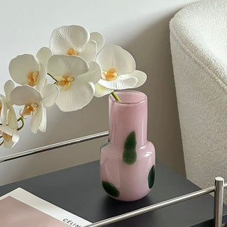Green polka dot pink glass flower vase