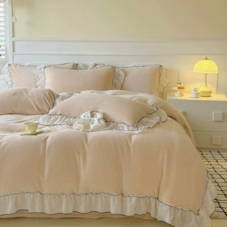 Frill Lace Milk Velvet Winter Duvet Cover Set Beige Bed Cover Bedding Cover