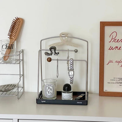 Stainless steel accessory stand with wood-grain tray for storage small item holder perfume storage.