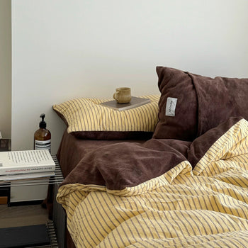 Yellow Brown Pin Stripe Cotton Fleece Winter Duvet Cover Set