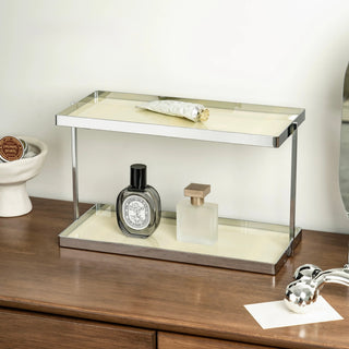 Silver Frame Rectangular Two-Tier Storage Display Rack   Includes Tray for Cosmetics and Perfume Storage