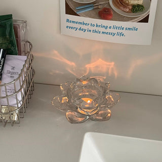 Lotus flower motif clear glass candle holder stand