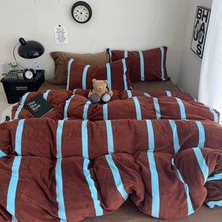 Brown Blue Wide Stripe Winter Duvet Cover Set