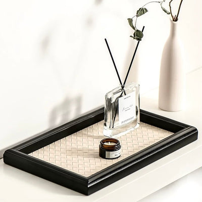 Intrecciato Rectangular Wood Frame Leather Tray