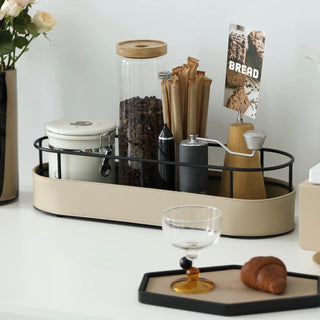 Black Frame Leather Oval Long Tray Small Item Holder Spice Rack