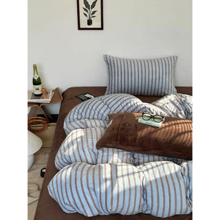 Blue Brown Double Stripe Milk Velvet Winter Duvet Cover Set