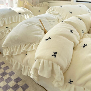 Ribbon pattern frill milk velvet winter duvet cover set 2 sizes