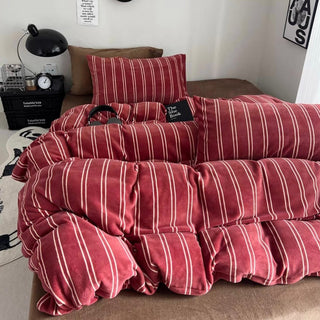 Red Ivory Stripe Winter Duvet Cover Set