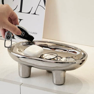 Footed Ceramic Oval Trayin  Silver Plate Accessory Tray