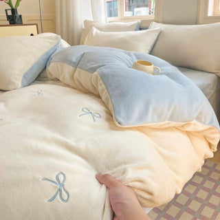 Ribbon embroidery two-tone milk velvet winter duvet cover set