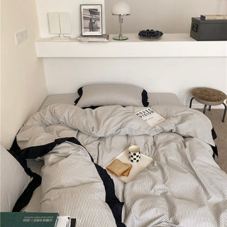 Gray Stripe Black Frill Cotton Duvet Cover Set  All Season
