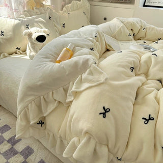 Ribbon pattern frill milk velvet winter duvet cover set 2 sizes