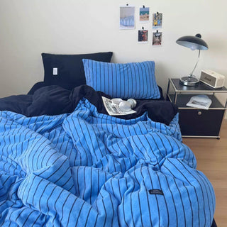 Dark Color Pinstripe Milk Velvet Winter Duvet Cover Set