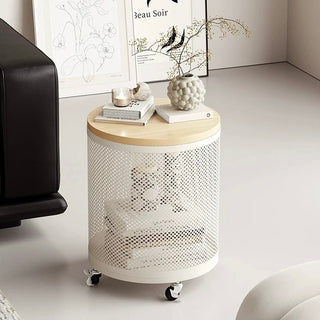 Wheeled Wood Lid Storage Round Side Table
