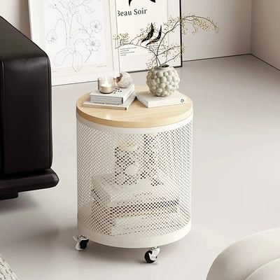 Wheeled Wood Lid Storage Round Side Table
