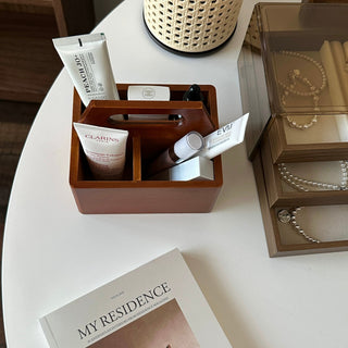 Handle-equipped wooden divider storage mini box for cosmetics